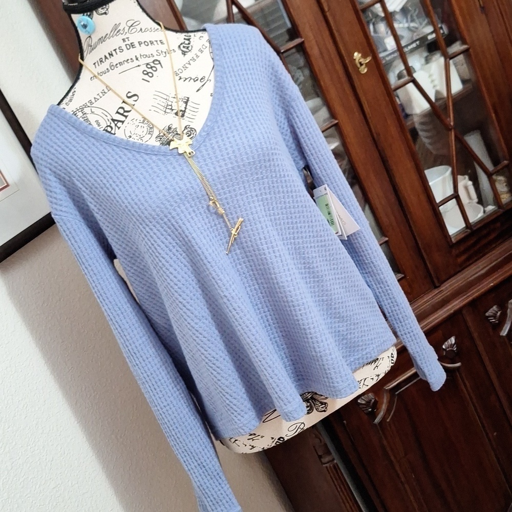 NWT ABOUND 2 WAY REVERSIBLE WAFFLE KNIT BLUE LS SWEATER SZ.M